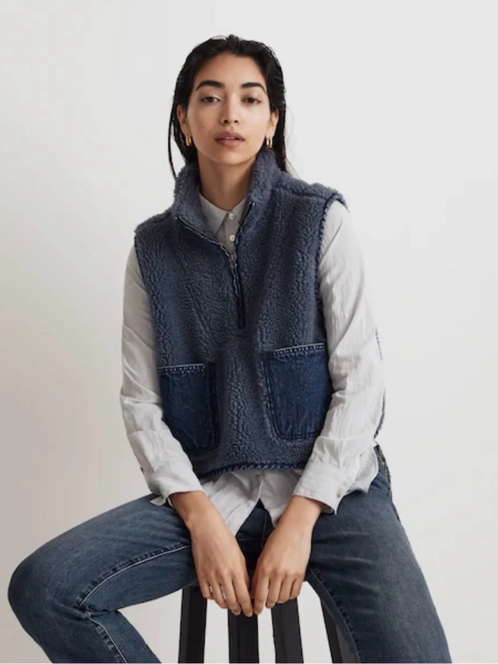 Madewell Dusty Blue Sherpa Vest with Navy Trim